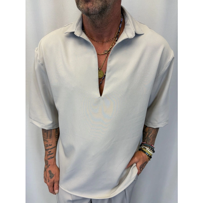 Double Kumaş V Yaka Gömlek Gri