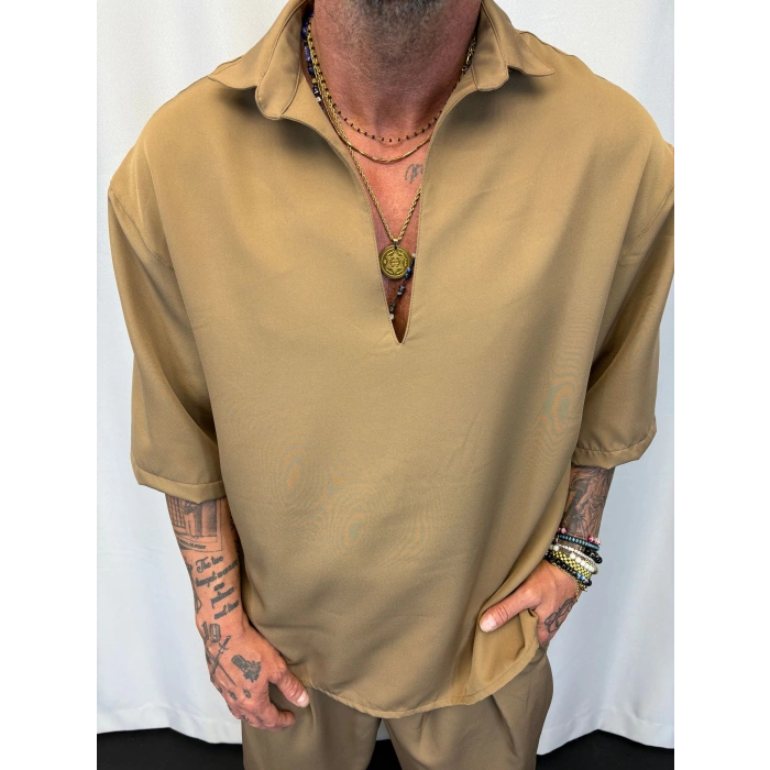 Double Kumaş V Yaka Gömlek Camel