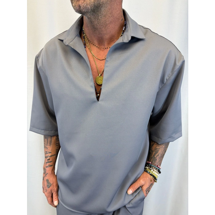 Double Kumaş V Yaka Gömlek Füme