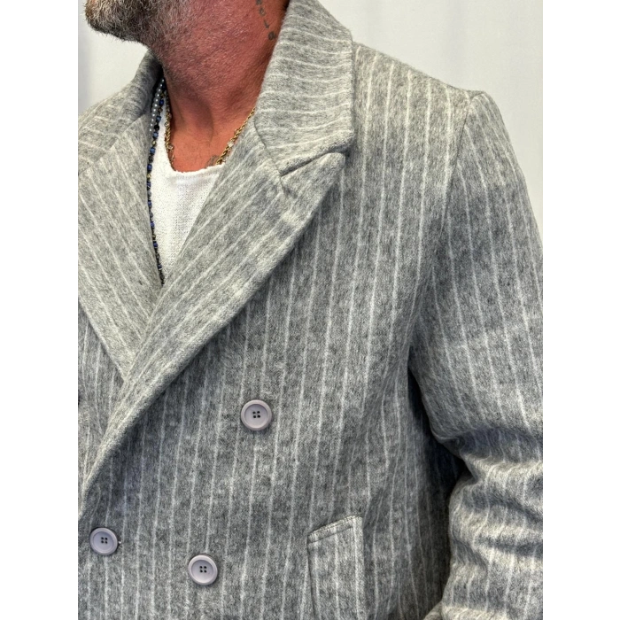 Fransız Cashmere Çizgili Palto Açık Gri
