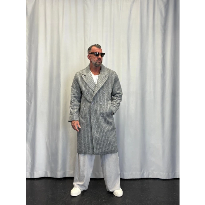 Fransız Cashmere Çizgili Palto Açık Gri
