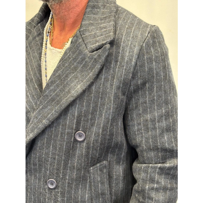 Fransız Cashmere Çizgili Palto Açık Gri