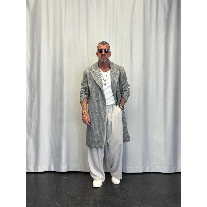 Fransız Cashmere Çizgili Palto Açık Gri