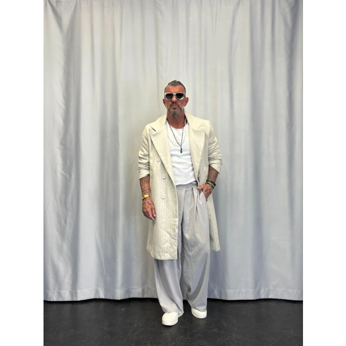 Fransız Cashmere Çizgili Palto Bej