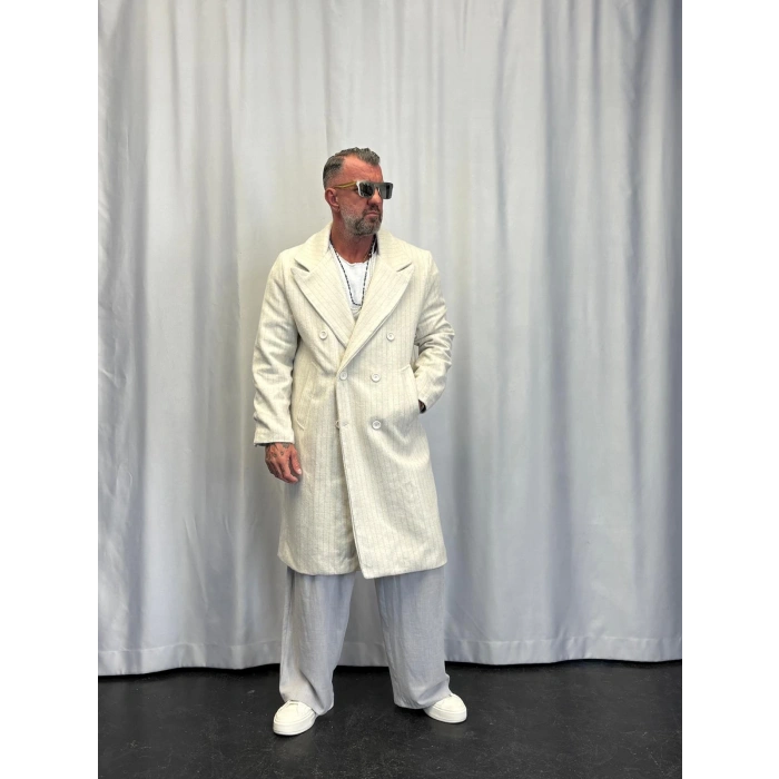 Fransız Cashmere Çizgili Palto Bej