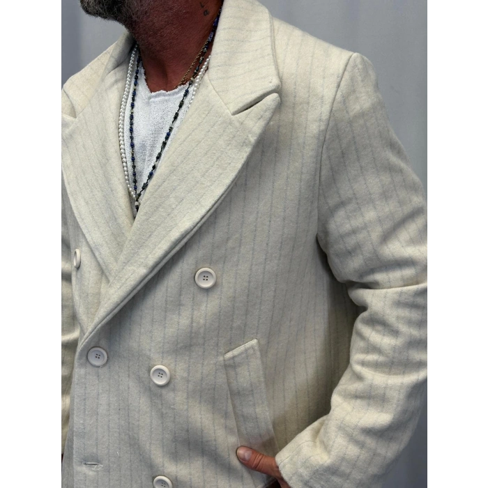 Fransız Cashmere Çizgili Palto Bej