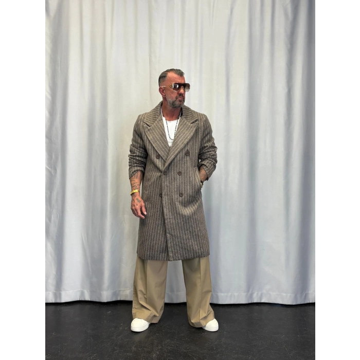 Fransız Cashmere Çizgili Palto Kahverengi