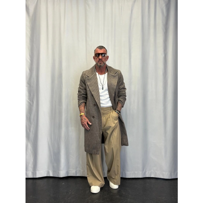 Fransız Cashmere Çizgili Palto Kahverengi