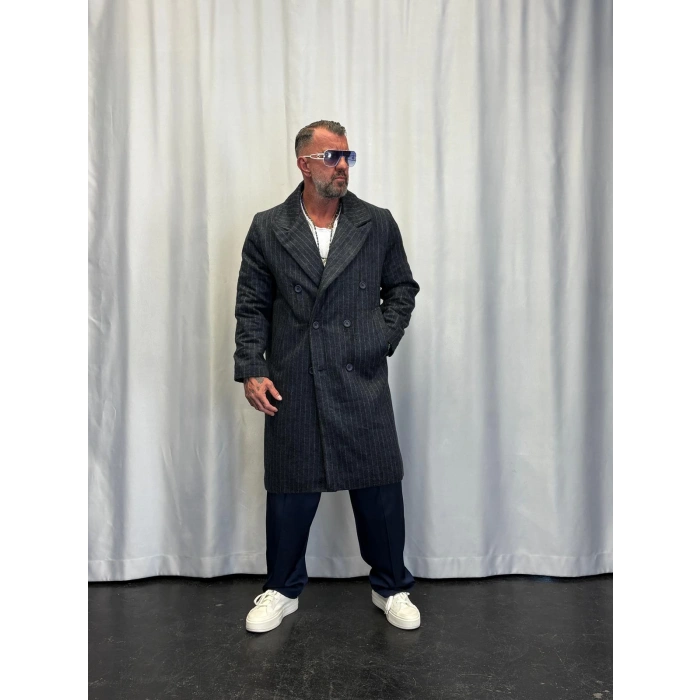 Fransız Cashmere Çizgili Palto Koyu Lacivert