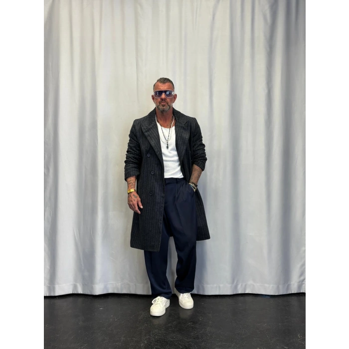 Fransız Cashmere Çizgili Palto Koyu Lacivert