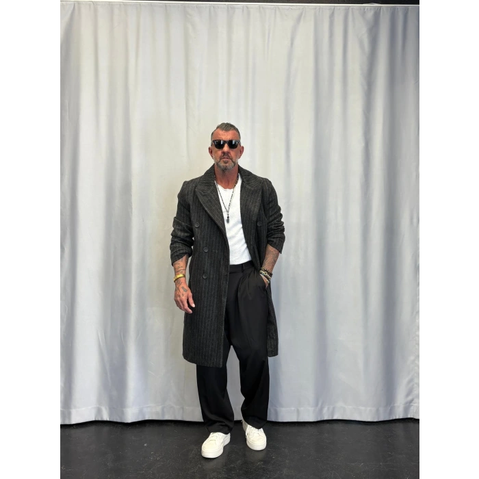 Fransız Cashmere Çizgili Palto Siyah