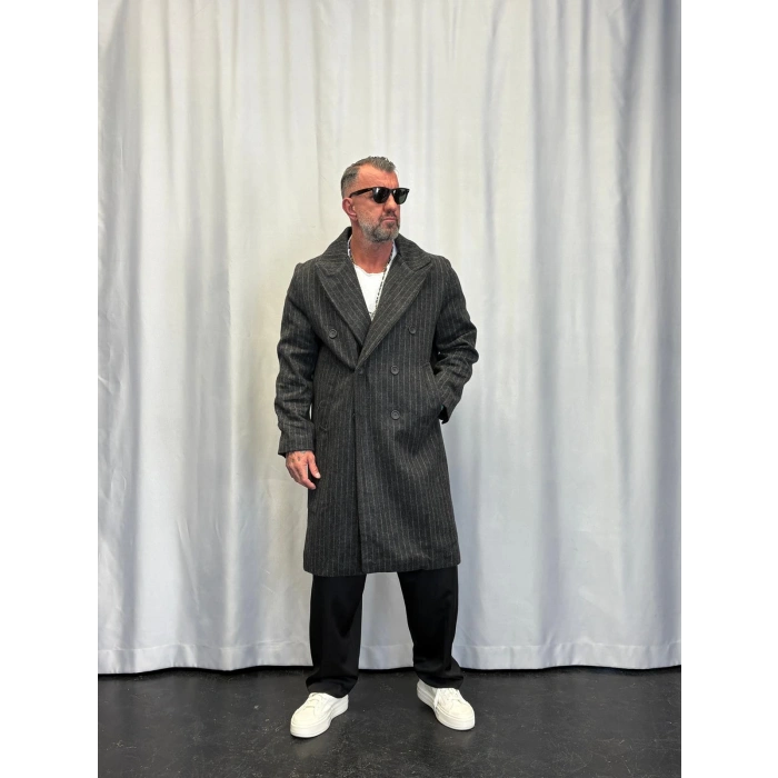 Fransız Cashmere Çizgili Palto Siyah