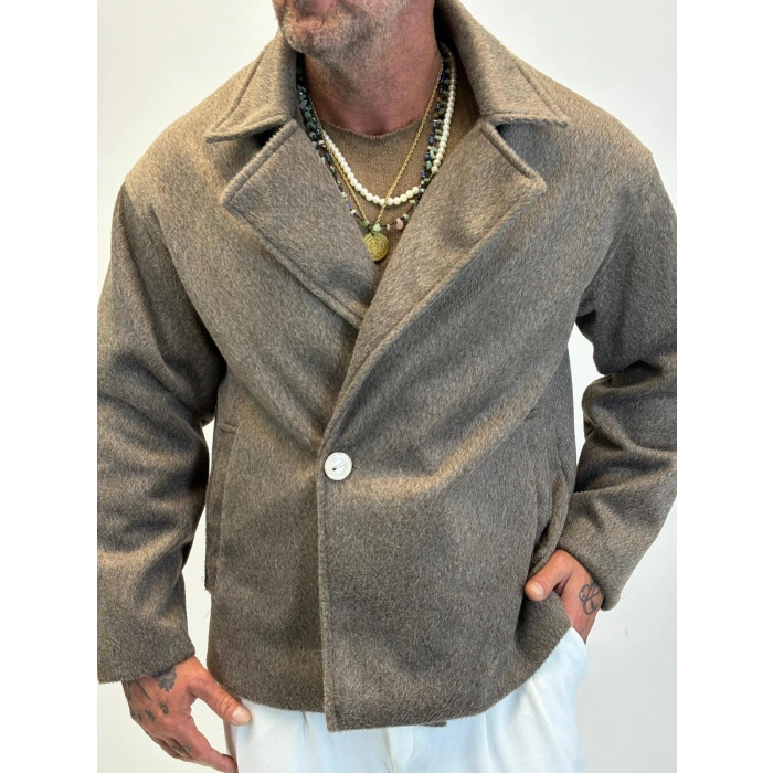 Fransız Cashmere Kruvaze Tek Düğme Kaban Bej