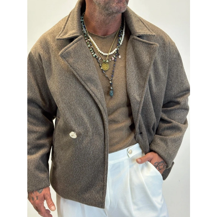 Fransız Cashmere Kruvaze Tek Düğme Kaban Bej