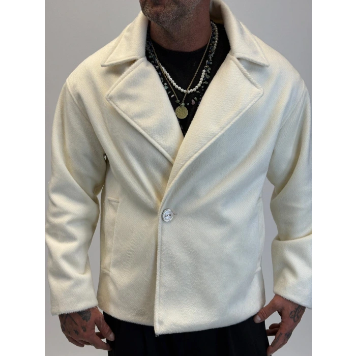 Fransız Cashmere Kruvaze Tek Düğme Kaban Ekru