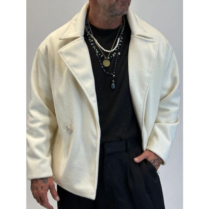 Fransız Cashmere Kruvaze Tek Düğme Kaban Ekru