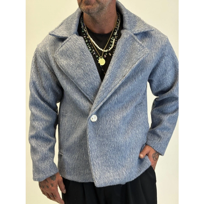 Fransız Cashmere Kruvaze Tek Düğme Kaban Gri