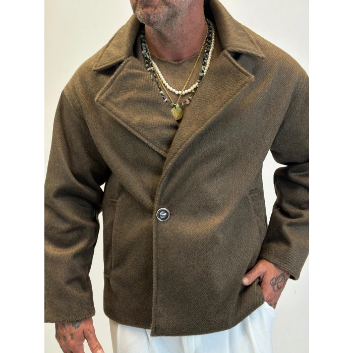 Fransız Cashmere Kruvaze Tek Düğme Kaban Kahve