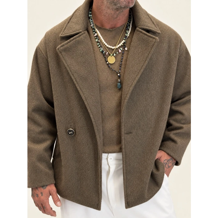 Fransız Cashmere Kruvaze Tek Düğme Kaban Kahve