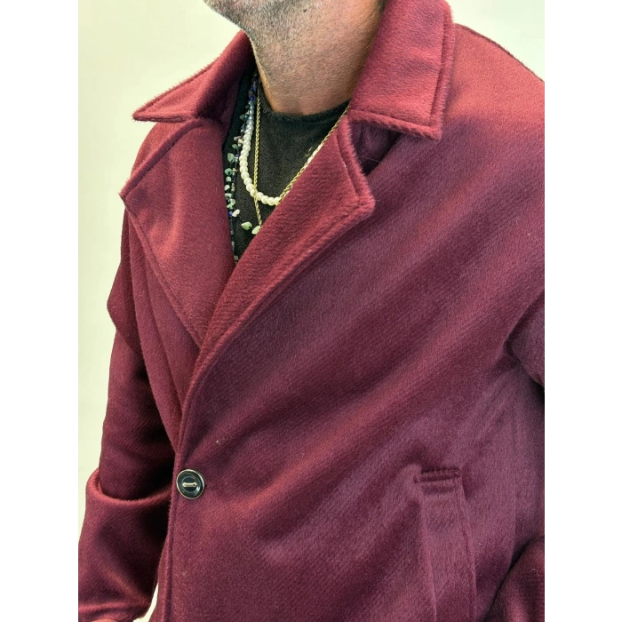 Fransız Cashmere Kruvaze Tek Düğme Kaban Mürdüm