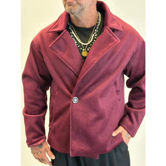 Fransız Cashmere Kruvaze Tek Düğme Kaban Mürdüm