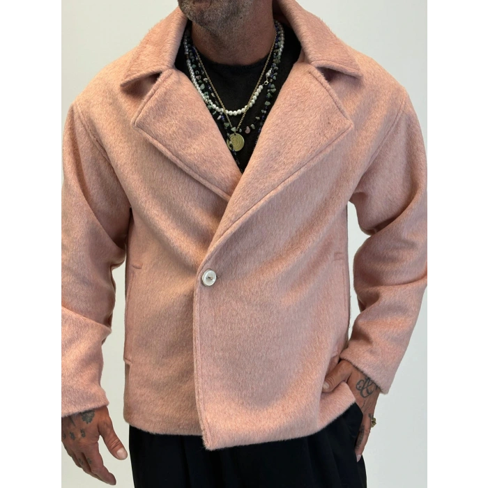 Fransız Cashmere Kruvaze Tek Düğme Kaban Pudra