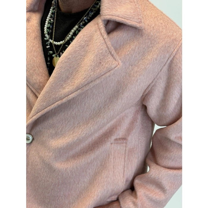 Fransız Cashmere Kruvaze Tek Düğme Kaban Pudra