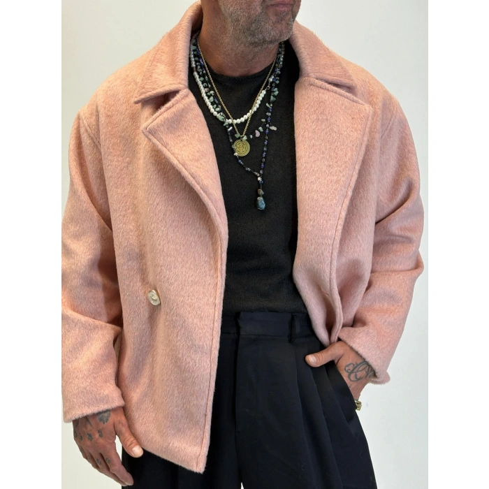 Fransız Cashmere Kruvaze Tek Düğme Kaban Pudra