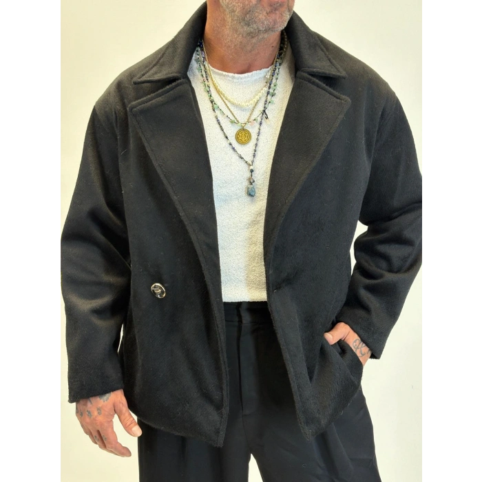 Fransız Cashmere Kruvaze Tek Düğme Kaban Siyah