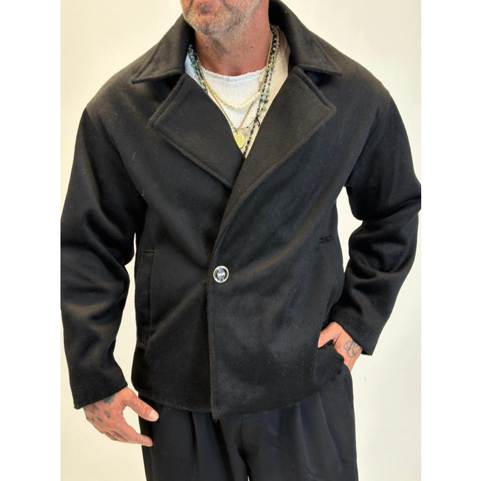 Fransız Cashmere Kruvaze Tek Düğme Kaban Siyah