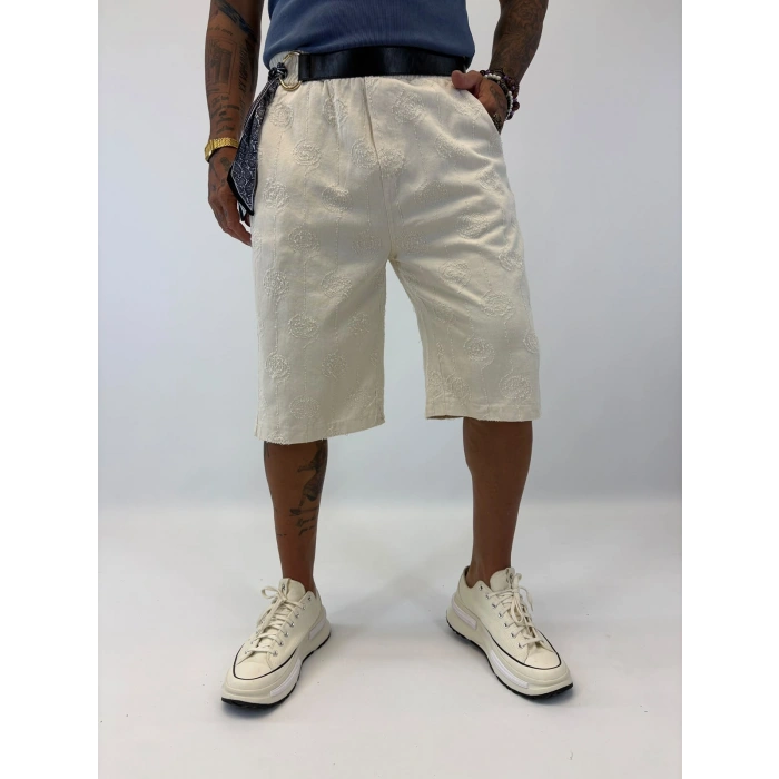 Gabardin Desenli Long Shorts Beyaz