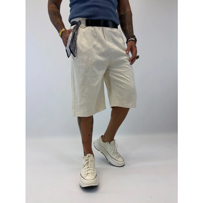 Gabardin Desenli Long Shorts Beyaz