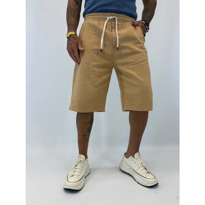 Gabardin Desenli Long Shorts Camel