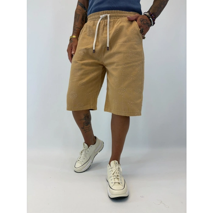 Gabardin Desenli Long Shorts Camel