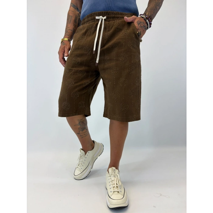 Gabardin Desenli Long Shorts Kahve