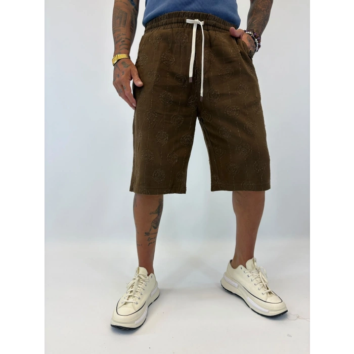 Gabardin Desenli Long Shorts Kahve