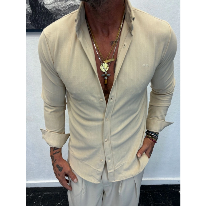 İnce Çizgili Pamuk Likralı Gömlek Krem