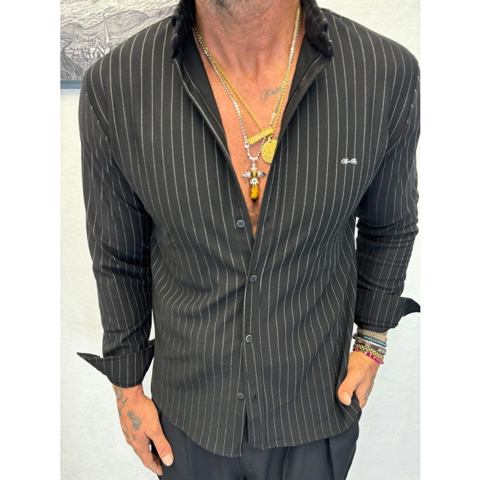 İnce Çizgili Pamuk Likralı Gömlek Siyah