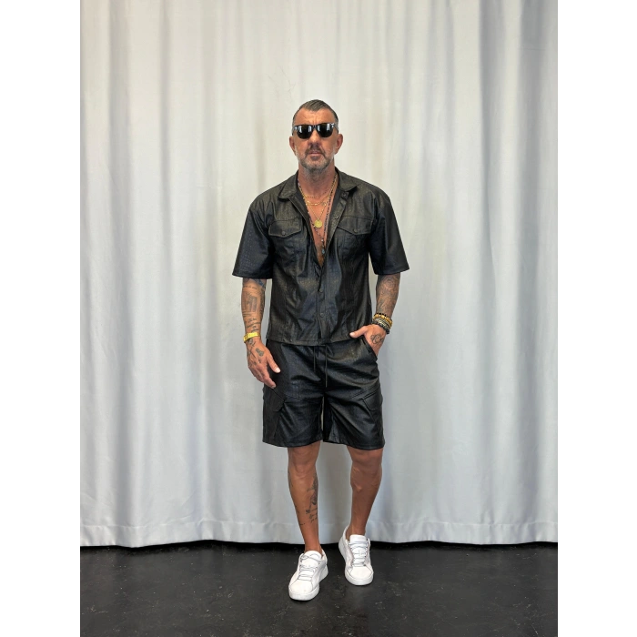 İnce Flok Deri Takım Siyah