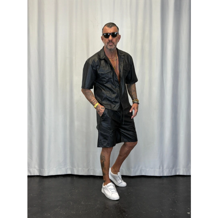 İnce Flok Deri Takım Siyah