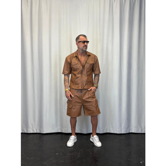 İnce Flok Deri Takım Kahverengi