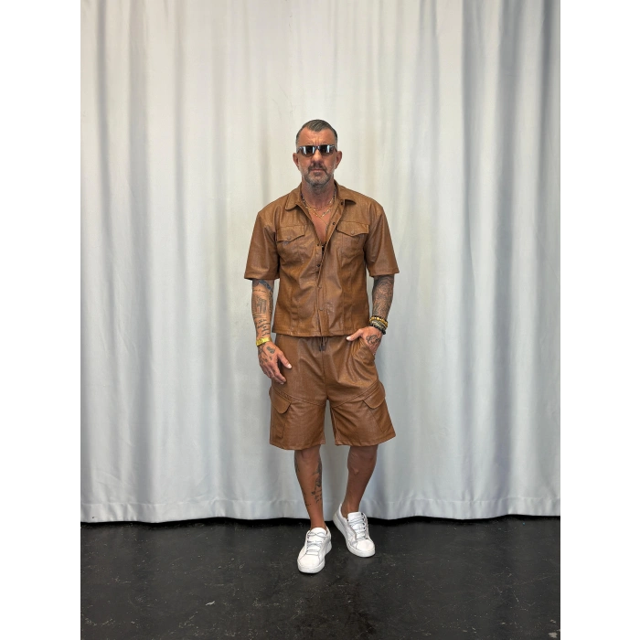 İnce Flok Deri Takım Kahverengi