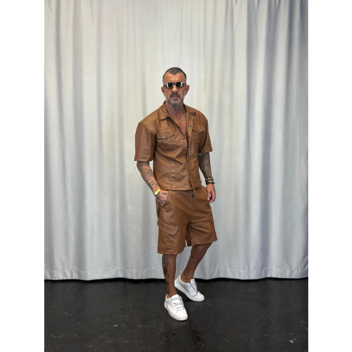 İnce Flok Deri Takım Kahverengi