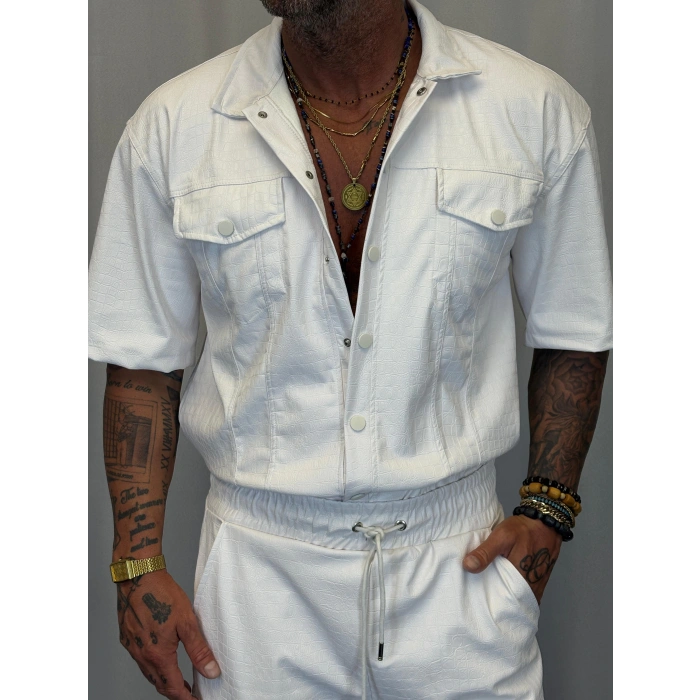 İnce Flok Deri Takım Beyaz