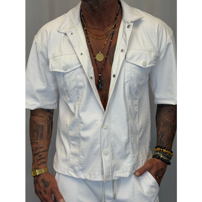 İnce Flok Deri Takım Beyaz