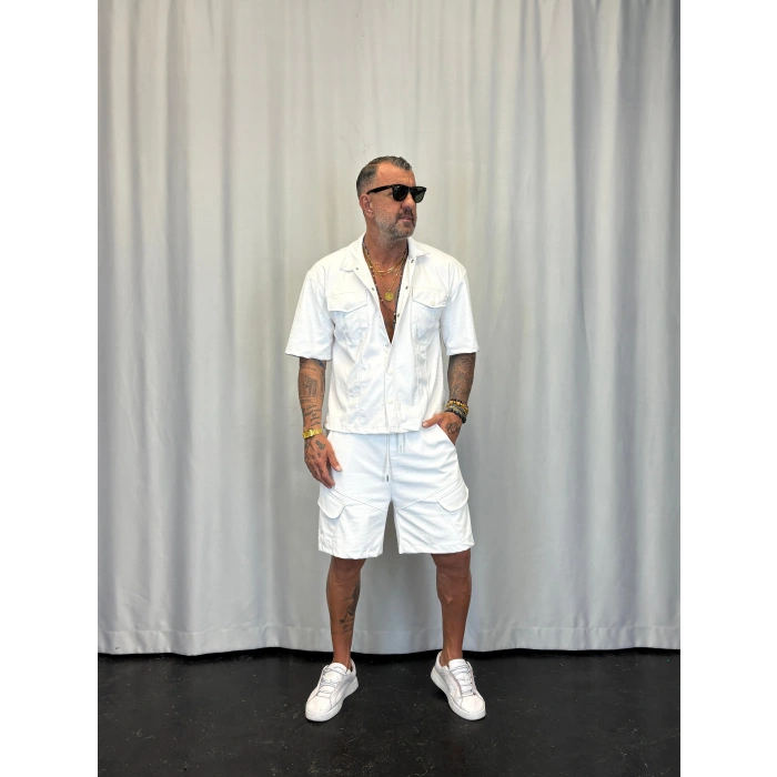 İnce Flok Deri Takım Beyaz