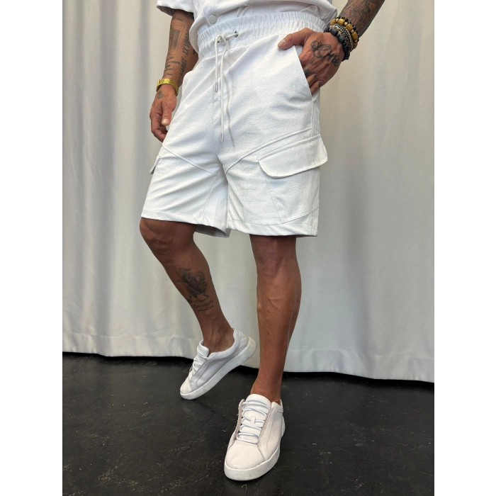 İnce Flok Deri Takım Beyaz