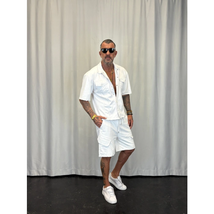 İnce Flok Deri Takım Beyaz