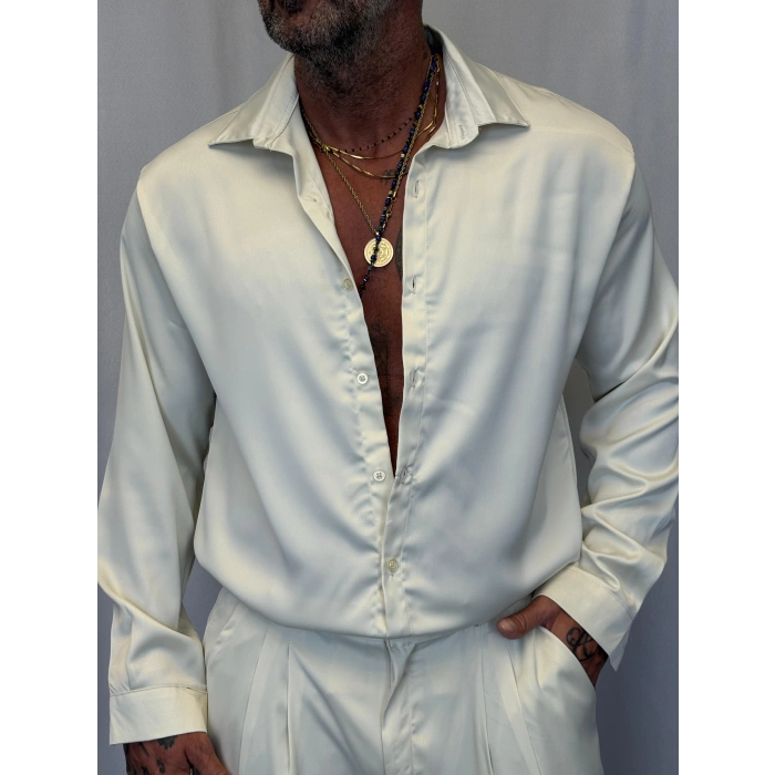 İnce Saten Gömlek Ekru