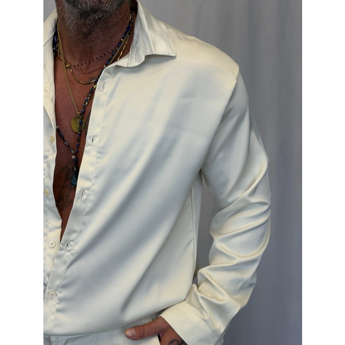 İnce Saten Gömlek Ekru